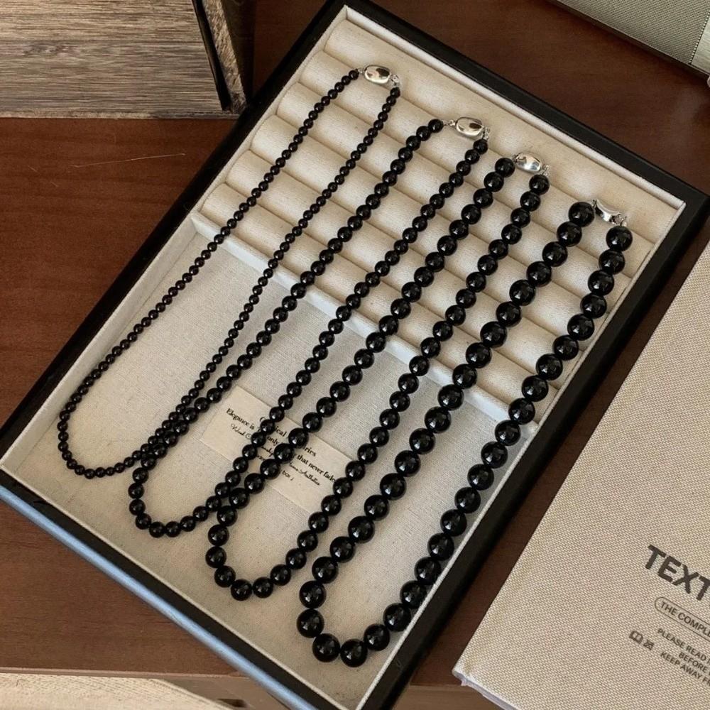 Copper Gold Black Agate Necklace Silver Plated Coin Buckle Chokers Imitation Pearl Necklace Women