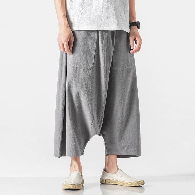 Męskie Spodnie Haremowe Casual Duże Rozmiary Vintage Luźne Bawełniane Lniane Szerokie Nogawki Męskie Spodnie z Elastycznym Pasem
