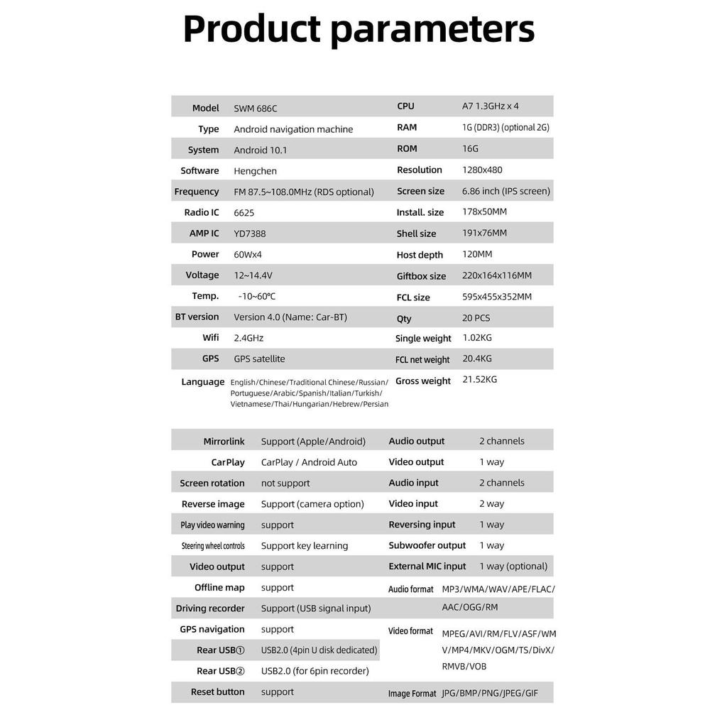 SWM 686C Android 10.1 Radio auto 1 Din CarPlay Wifi Android-Auto Player MP5 auto Bluetooth Receptor FM