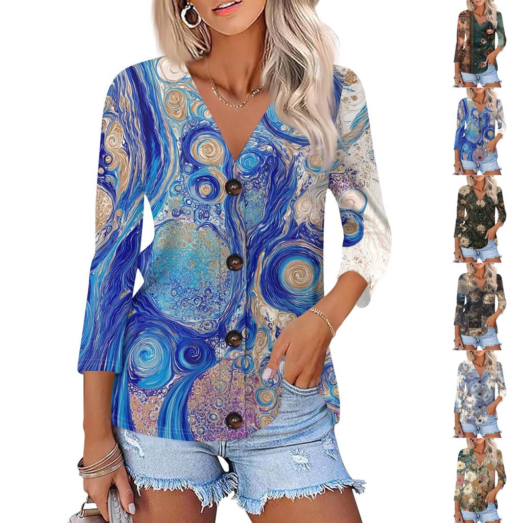 Women's Fashion Casual Print Button-down Shirt 3/4 Long Sleeve Tops