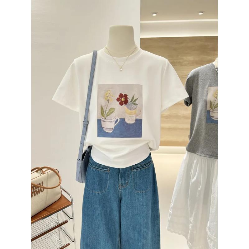 Women's Artistic Floral Print Tee Crew Neck Short Sleeve Loose Fit Casual Summer T-Shirt