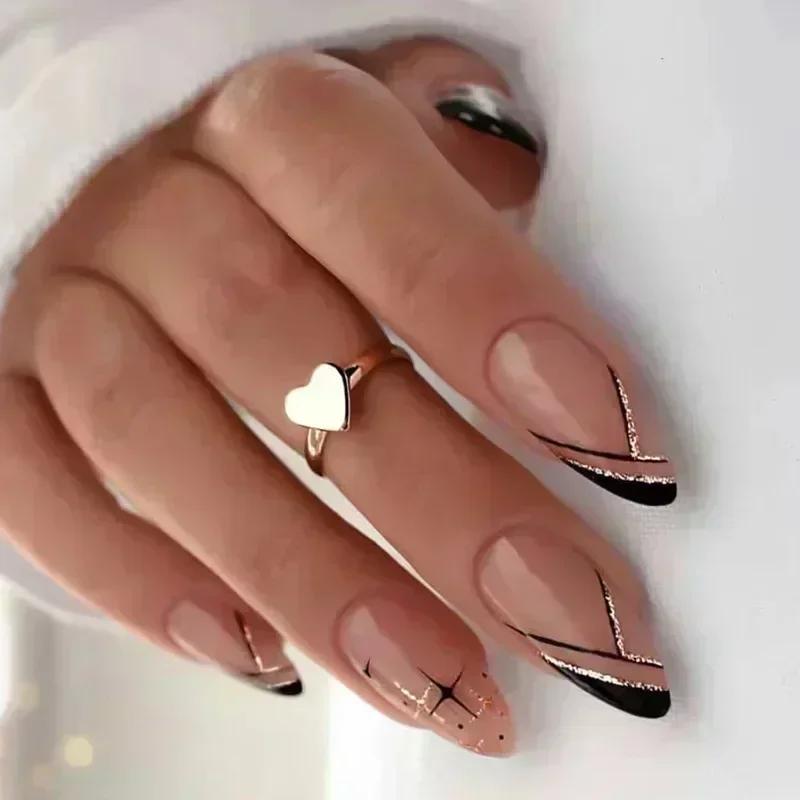 24Pcs French Almond False Nails Pink Stiletto Press On Nails With White Edge Design And Glue Simple Wearable Nail Tips