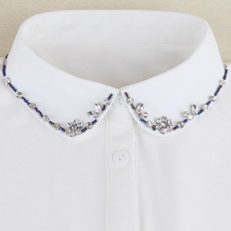 Korean Style Women's Blue Beaded Floral Decorative Collar Sweater