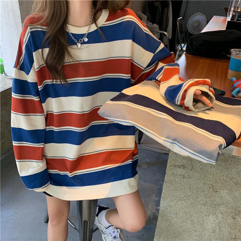 Autumn Winter Japanese Korean Loose Stripe Long Sleeve Tee Student Versatile Thin Top