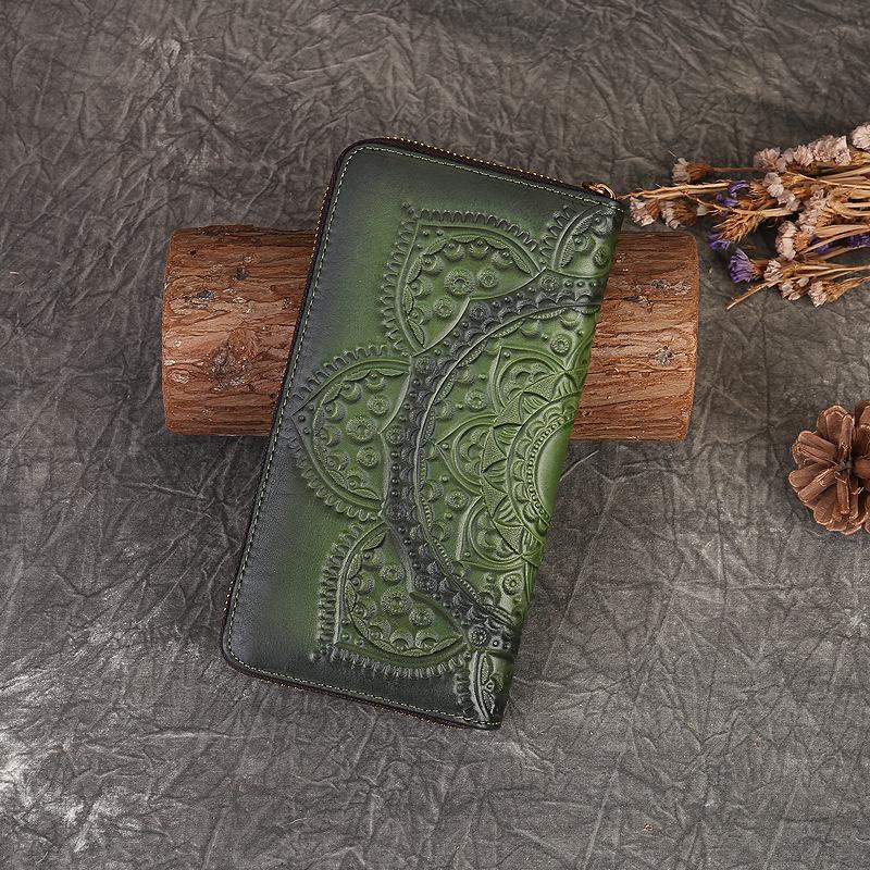 Retro Girl's Wallet Long Hand Bag Women's Leather Handmade Embossed Floral Phone Purse Chinese Style Ladies Card Holder