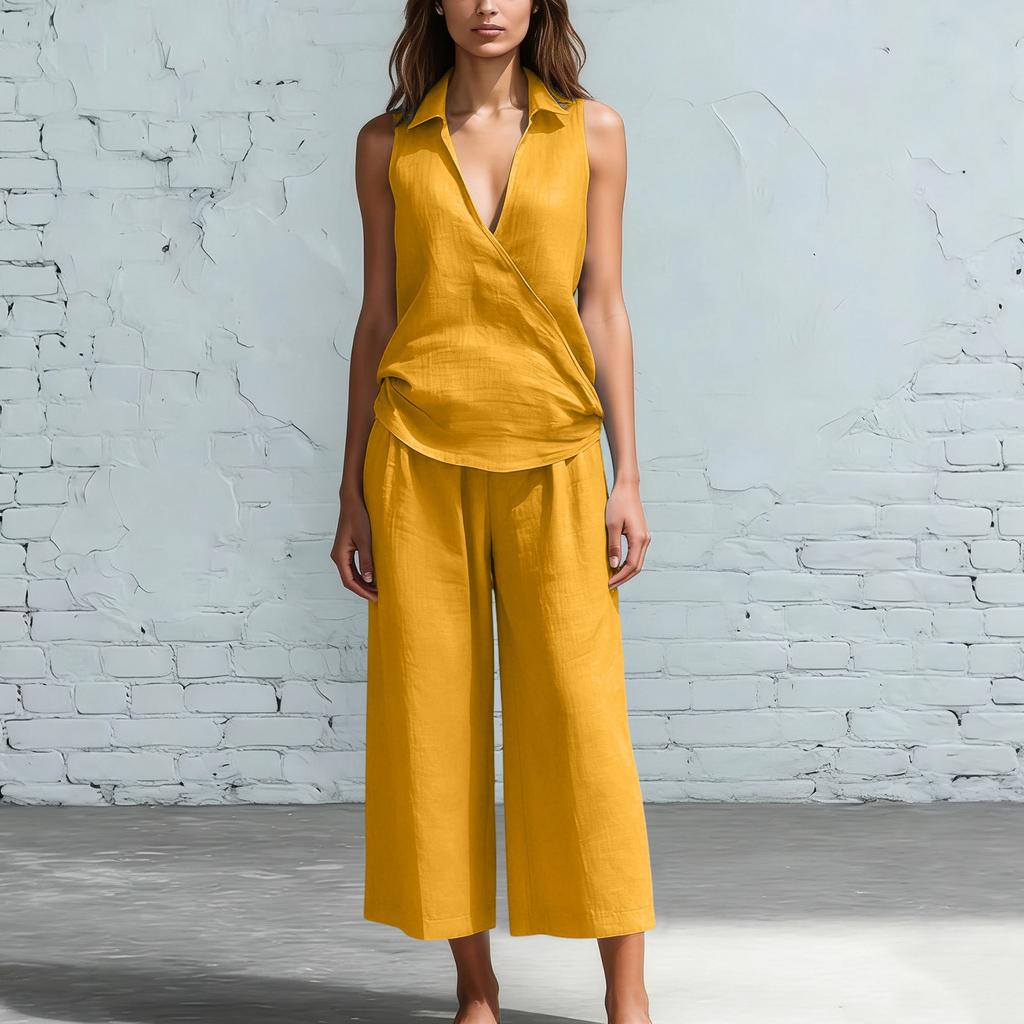 Women's Fashion Sleeveless Loose Minimalist Cotton-Linen Casual Two-Piece Set