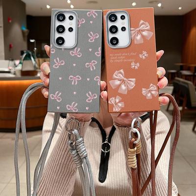 Bowknot Print Matte Slim Shockproof Case For Samsung S25 Ultra S24 FE S23 A16 A56 A55 A36 A26 A15 A35 Soft TPU Leather Texture Lanyard Phone Cover