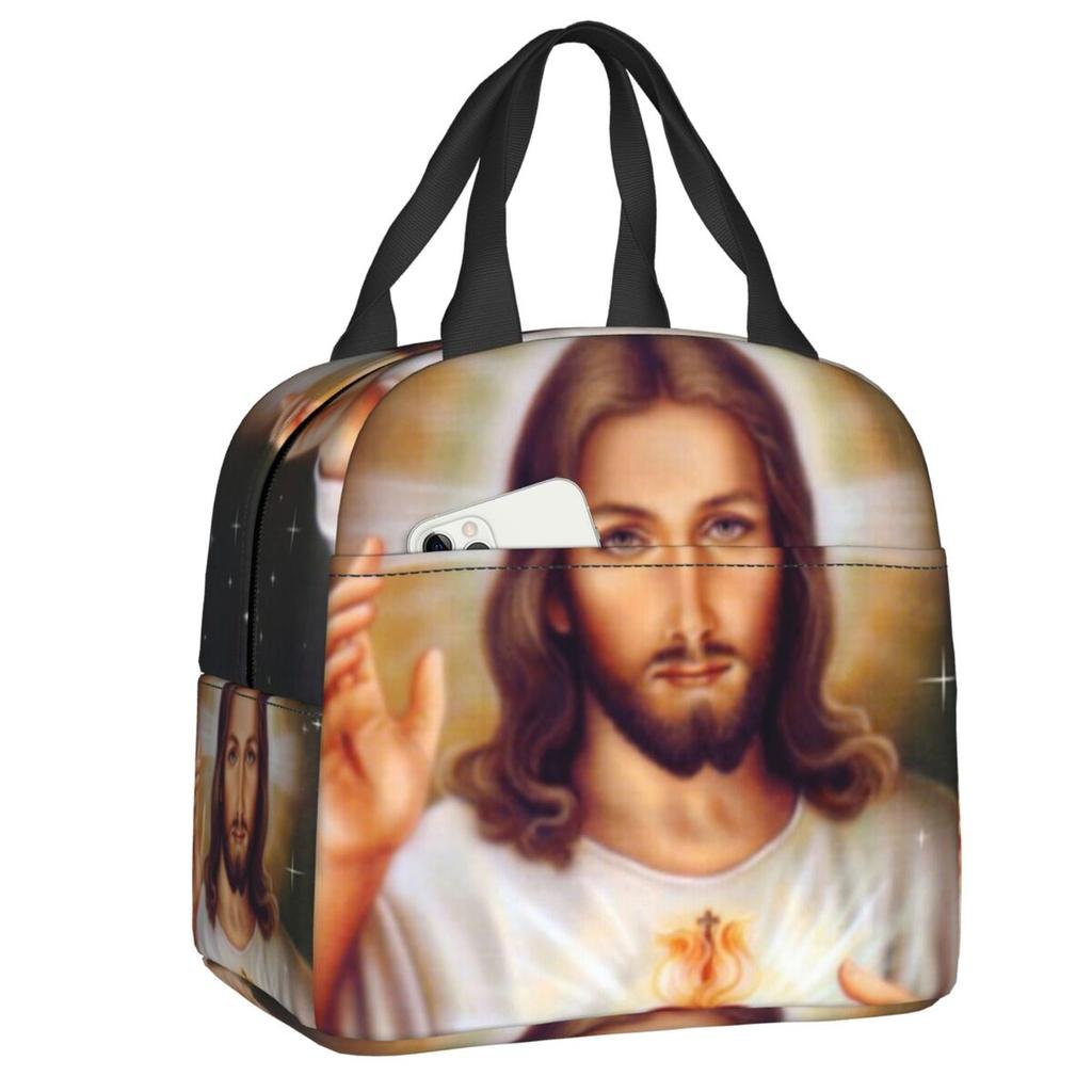 Custom Sacred Heart Of Jesus Lunch Bag Women Thermal Cooler Insulated Lunch Box for Kids School Children