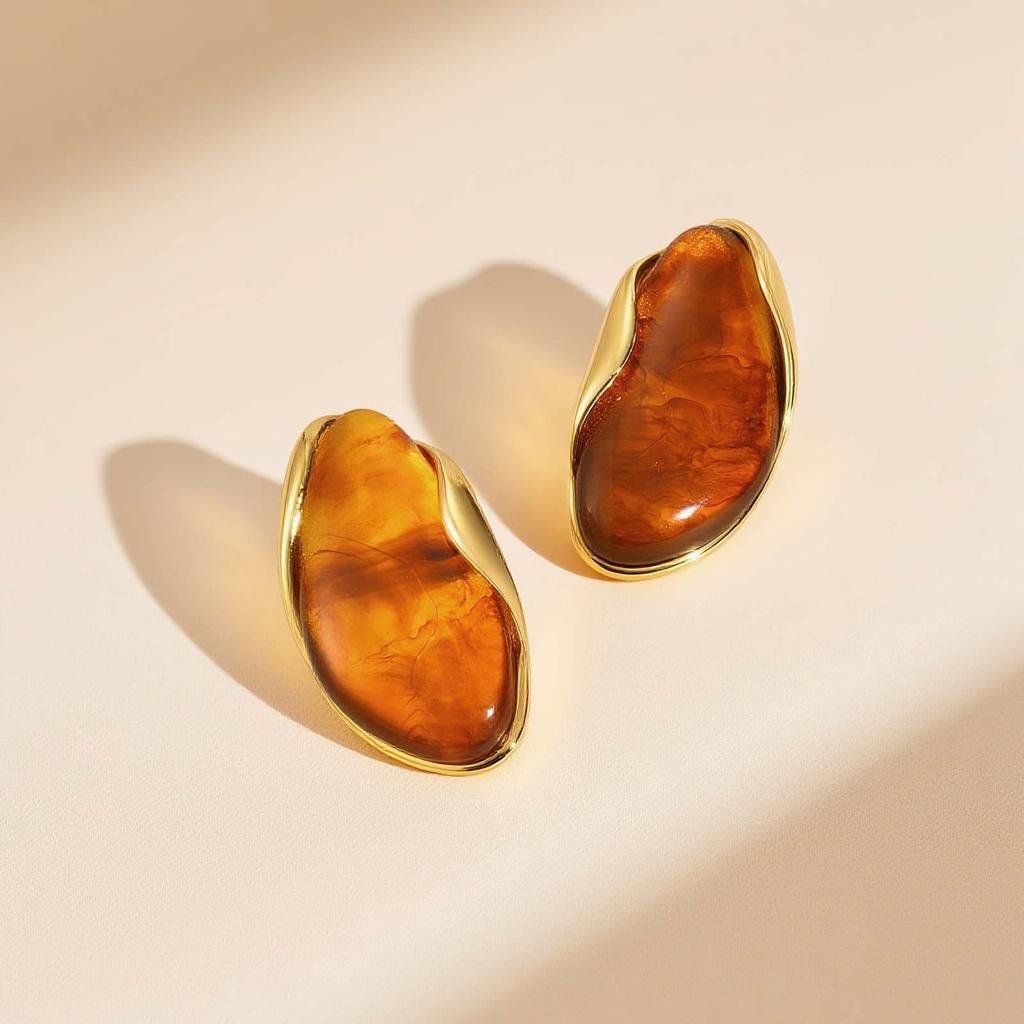 Retro Irregular Geometric Resin Stud Earrings for Women,Gold Plated Stainless Steel New Design Earrings,Fashion Jewelry Gift