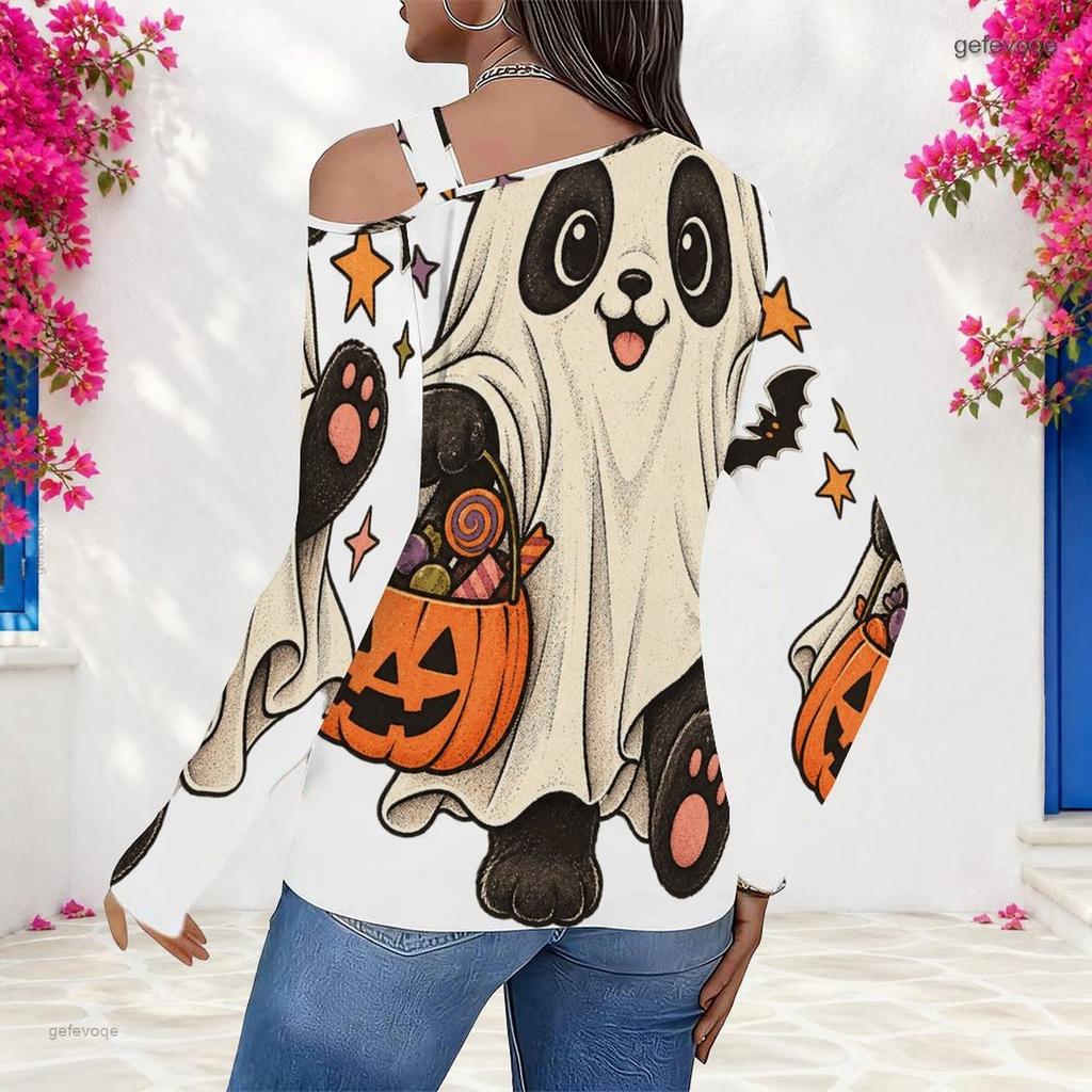Women Plus Size Asymmetric Cutout Neck Cold Shoulder Long Sleeve Cartoon Panda Halloween Print Top