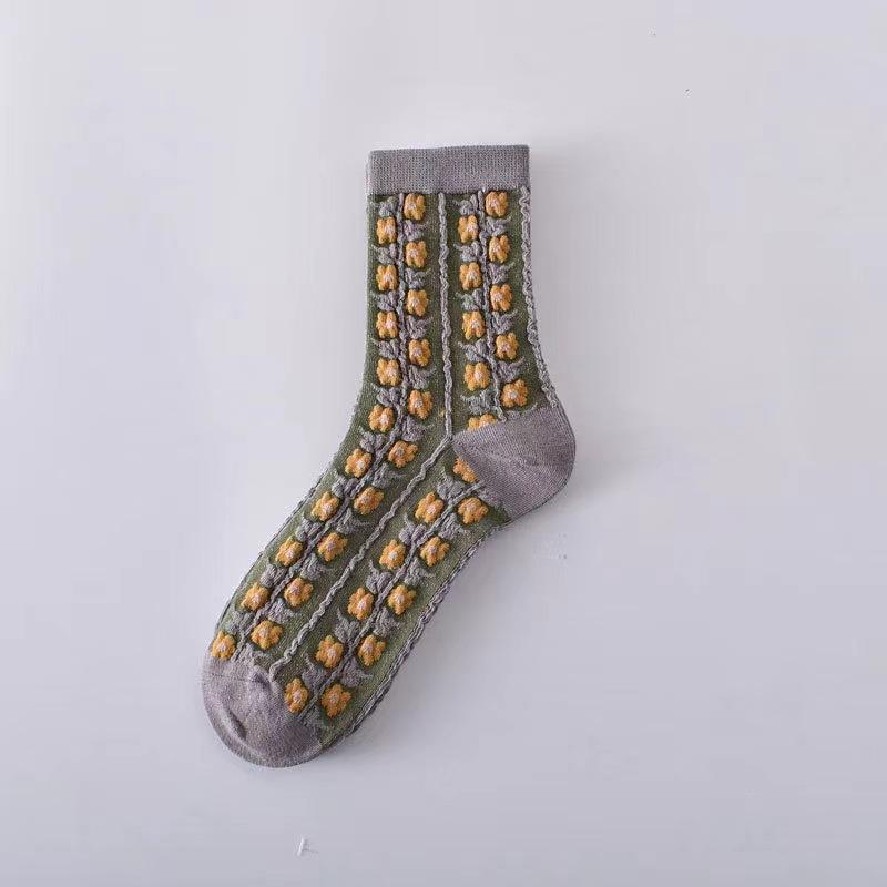 

Женские носки до середины икры в придворном ретро этническом стиле, женские осенне-зимние объемные рельефные художественные носки с цветочным узором кофейного цвета 1 pair