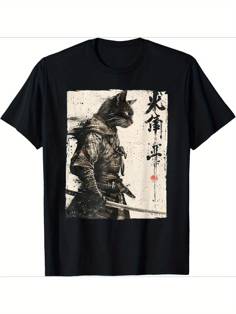 Vintage Graphic 100 Cotton TShirt Cat Samurai With Sword And Japanese Calligraphy Summer l