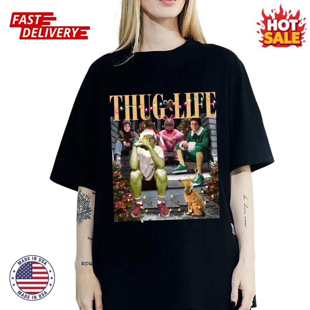 Thug Life Christmas Inspired T shirt, Home Alone Grinch Elf Unisex Graphic Shirt XL