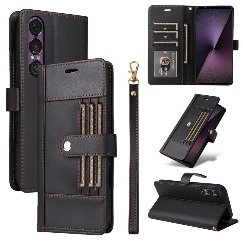 Clamshell Leather Wallet Case For SONY Xperia 1 VII 10 VI 5 IV III V Flip Cover Phone Cases all-inclusive Outside 6 Card slot
