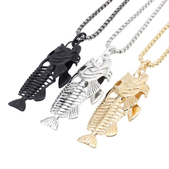 Fish Bone Necklace, Punk Street Style Hollow Fish Skeleton Pendant Design, Durable Alloy Chain for Women And Girls