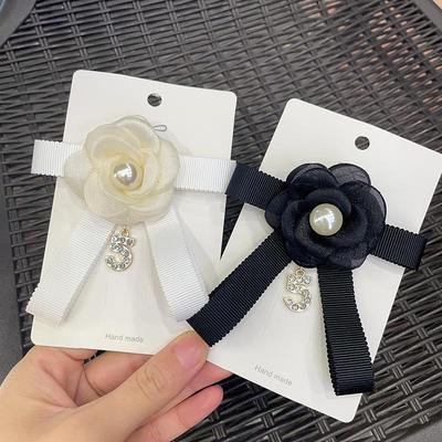 Black Camellia Imitation Pearl Ribbon Bow Brooch College Style Corsage Women Mourning Brooch Suit Shirt Collar Pins