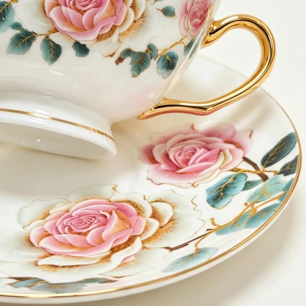 Vintage Rosen Keramik Kaffeetasse und Untertasse Set, Goldrand Porzellan Teetasse, Elegantes Blumenmuster Teetasse für Nachmittagstee Heimdeko Geschenk