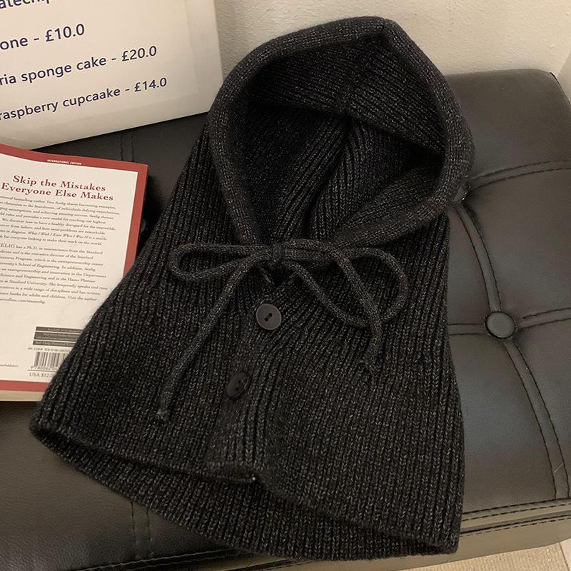 

Korea Winter Hats and Scarf Set with Botton Scarf Balaclava Hat Warm Neck Set Women Knitted Wool Pullover Gothic Y2k Hat чорний