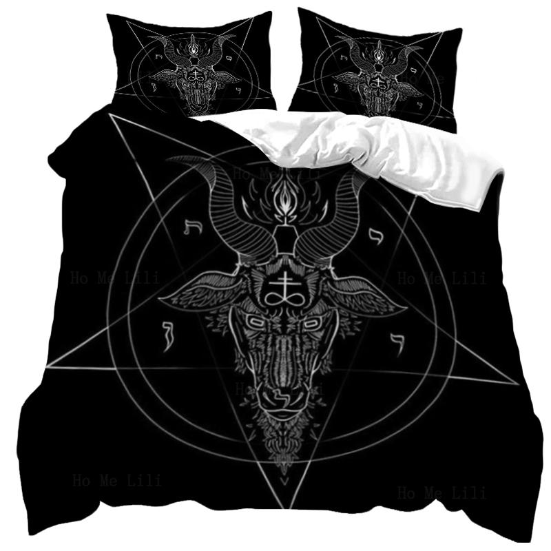 Dark Satanic Duvet Cover Set Satan Goat Inverted Pentagram Skull Bedding Set Full King Size Bed Set Bedroom Comforter Cover Set