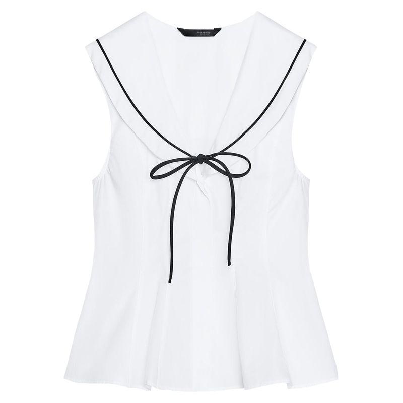 Zaprha Western Style Unique Stylish Bows Trim V Neck Sleeveless Poplin Tops Waist Slim Looking 3152006