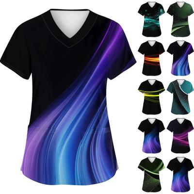 Women's Fashion Printed Short Sleeve V-Neck Top Small Pocket Work T-Shirt