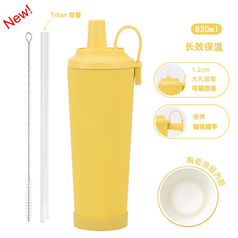 830Ml Ceramic Coated Stainless Steel Straw Cup Can Suck Pearl Portable Magnetic Handle Thermos Cup