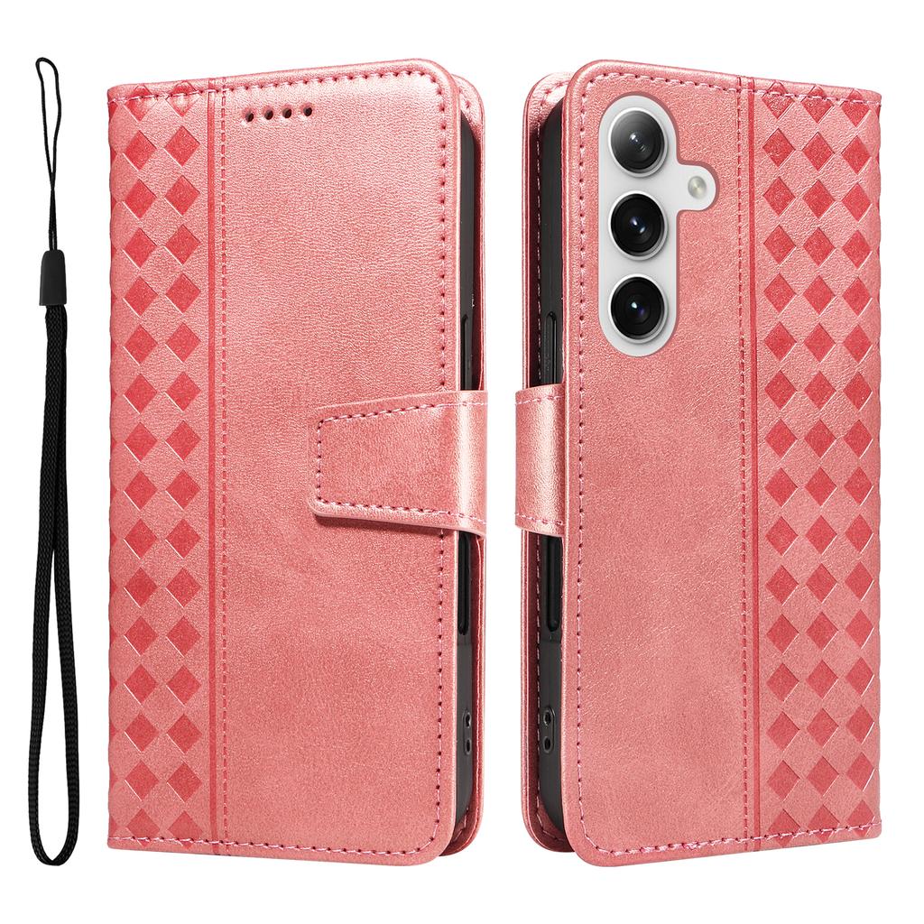 For Samsung Galaxy S24+/Galaxy S25+ Leather Case Wallet Stand Grids Imprinted Phone Cover with Strap