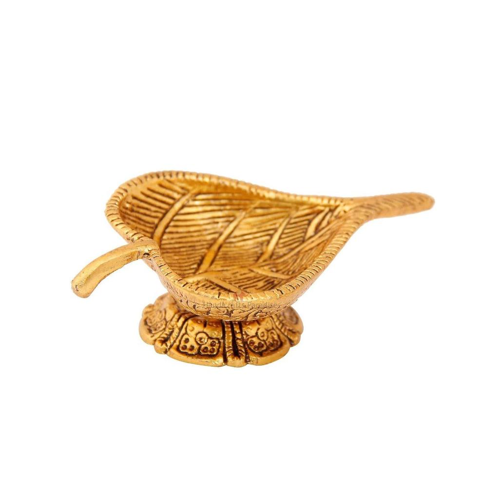 Leaf Shaped Diya In Metal Antique Golden 5.5 X 3 X 1.75 Inch