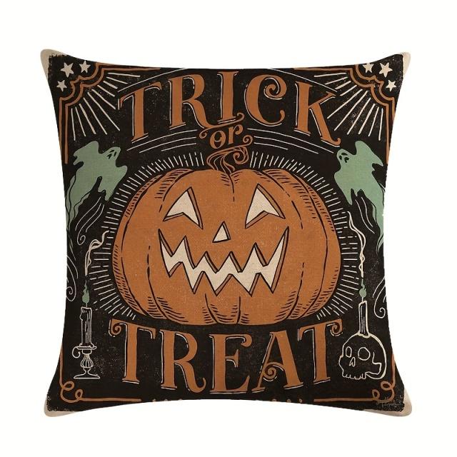 4pcs Halloween Pillow Covers 18*18Inch Linen Blend Throw Pillow Cover Pumpkin Cat Ghost Pattern Cushion Cover for Home Couch