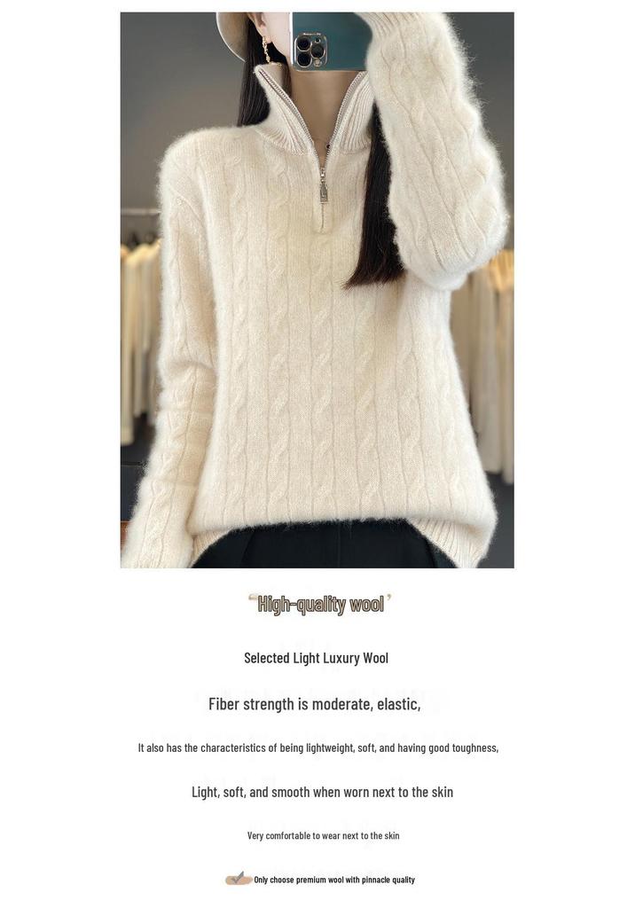 Women's Autumn/Winter High-Neck Wool Cable Knit Cashmere Sweater, Slimming Loose Fit, Soft Half-Zip Pullover