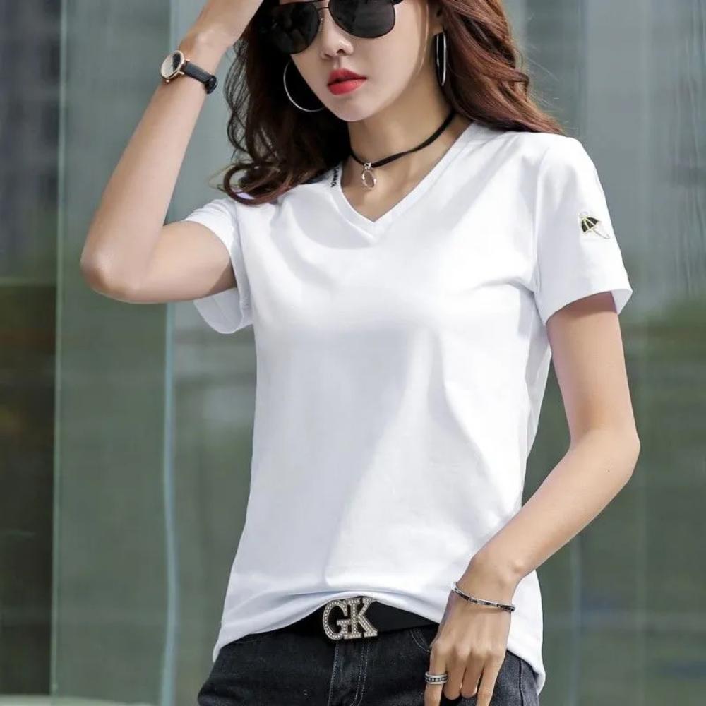 Good Quality Summer  T Shirt Embroidery Women Aesthetic White Tumblr Slim Tshirt V-neck Tees Basic Top Short Sleeve Shirts