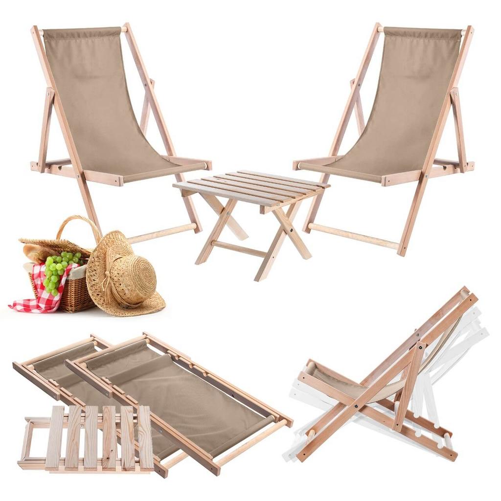 KADAX Set Couchtisch für Liegestühle Natur + 2 Holzliegen