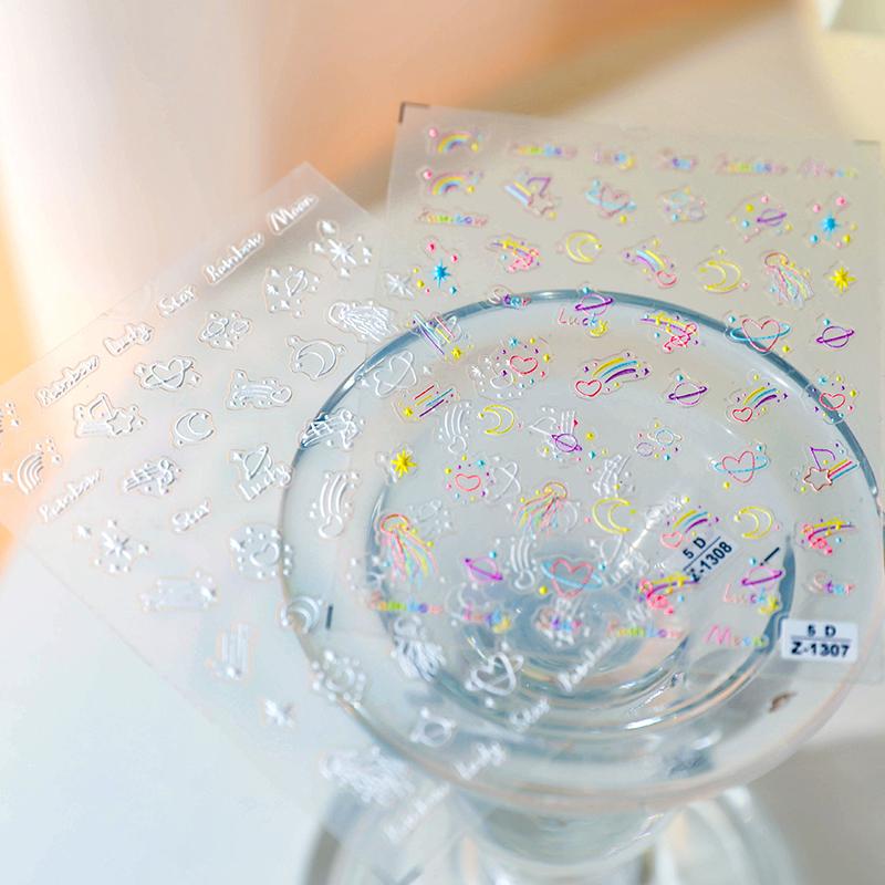 Colorful Starry Sky Nail Stickers Embossed Rainbow 3D Stickers Cartoon Nail Stickers Wearing Armor Nail Art Diy Decorative