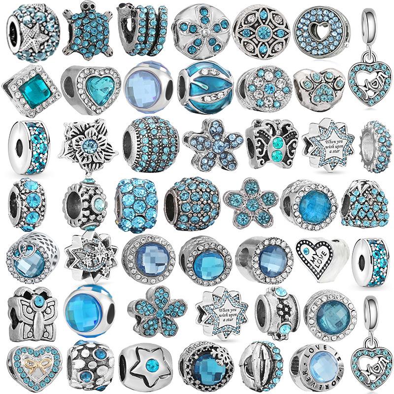 New Silver Plated Blue Diamond Alloy Large Hole Charm Beads For DIY Bracelet Necklace Jewelry Accessories Gifts