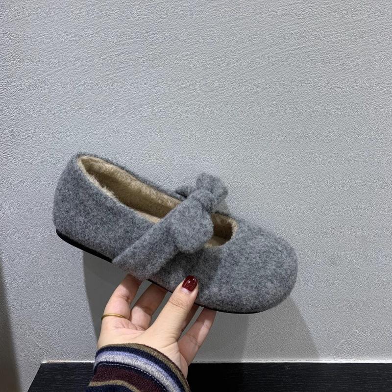 Gentle bow velvet Mary Jane shoes autumn and winter new woolen shallow beanie shoes 35