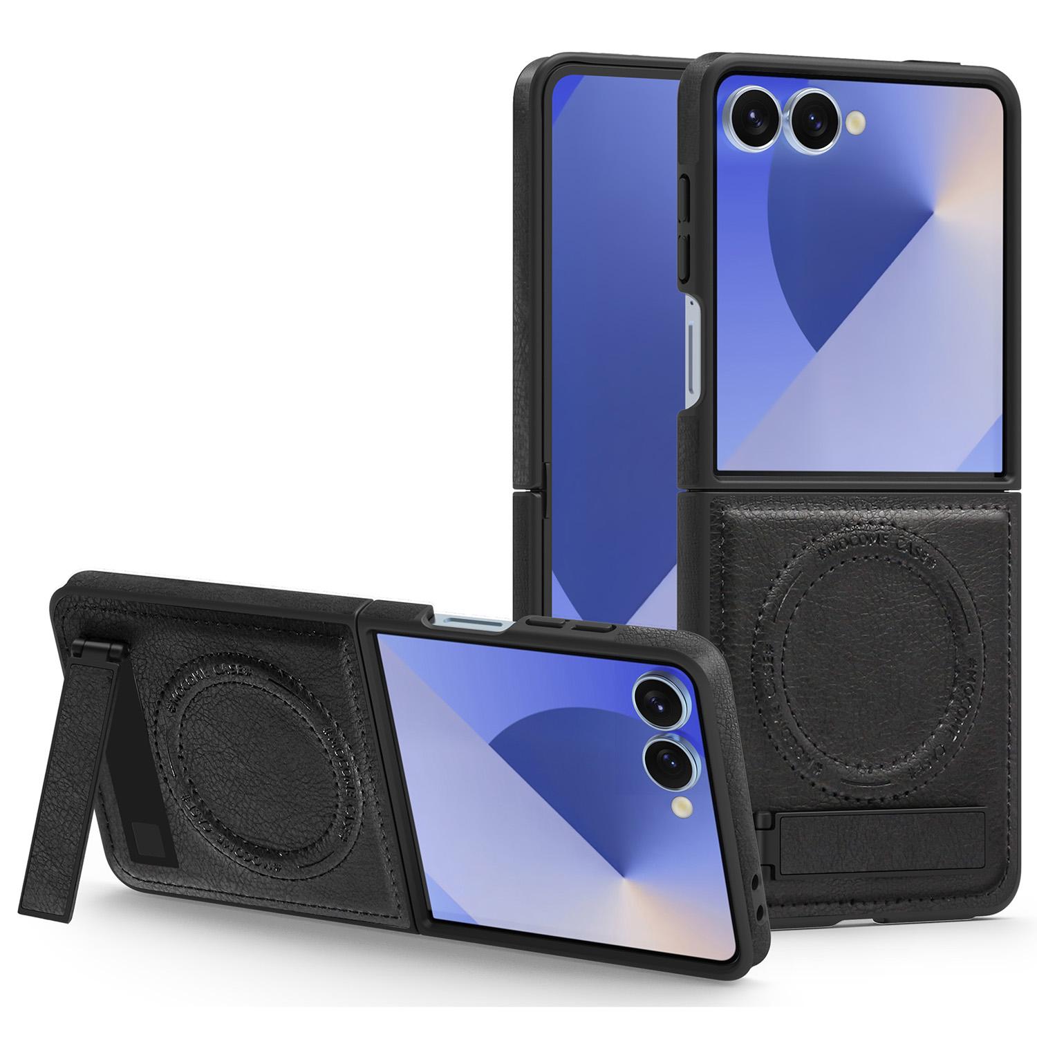 

Чехол для Samsung Galaxy Z Flip7 5G, совместимый с MagSafe, с подставкой, кожаная задняя крышка для телефона Black