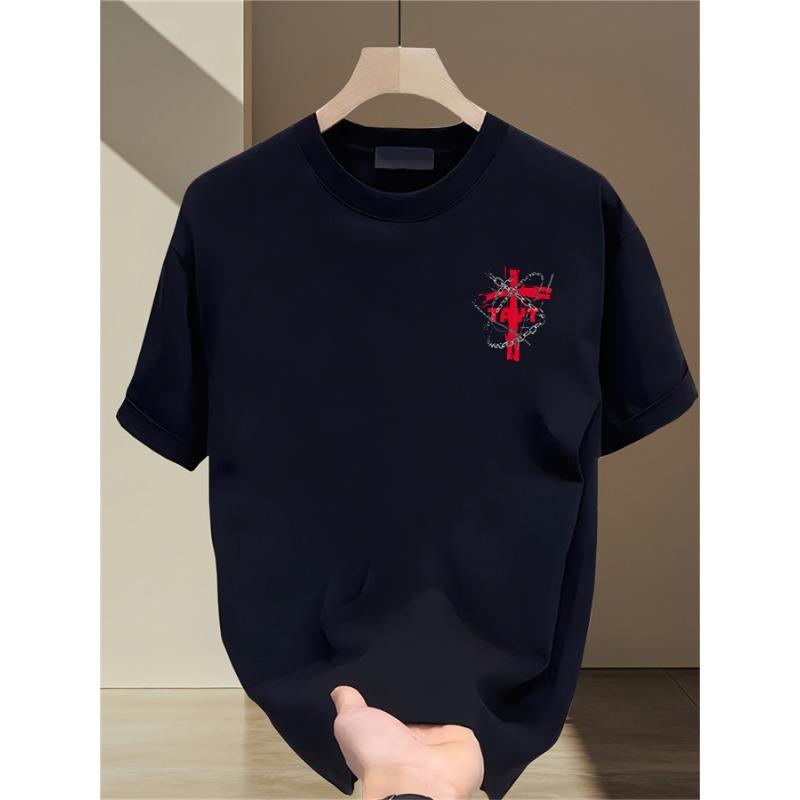European Size Heavyweight Pure Cotton Trendy Brand Printed Short Sleeve T-Shirt for Men Summer New Casual Versatile Outdoor Sport Breathable Top