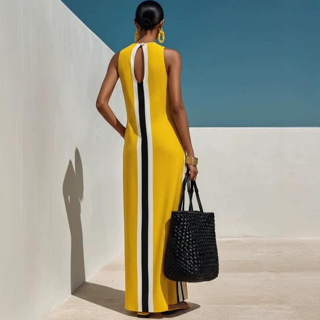 Women's new European and American casual vacation style blended dress contrasting color printing round neck sleeveless long dress