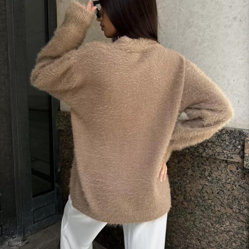 Женский вязаный повседневный кардиган осень-зима модный свободный свитер с V-образным — фото 12