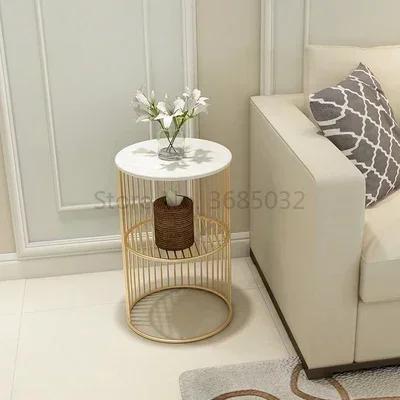 Nordic Golden Iron Coffee Table with Marble Top Minimalist Bedside Small Sofa Shelf Modern Living Room Decor