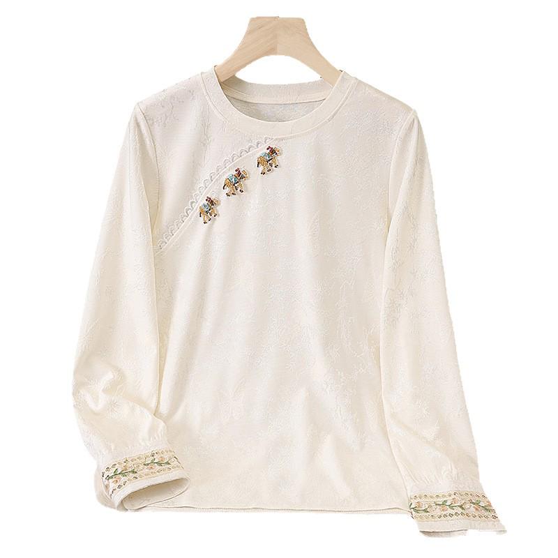 Elegant Chinese Beaded Embroidery Jacquard Long Sleeve Top for Spring/Autumn