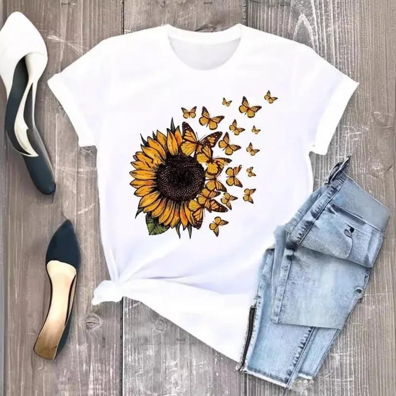 Womens White Short Sleeved Tshirt  Sunflower Bicycle Printed Casual Summer Fashion Tshirt with Rose Heart Pattern Top