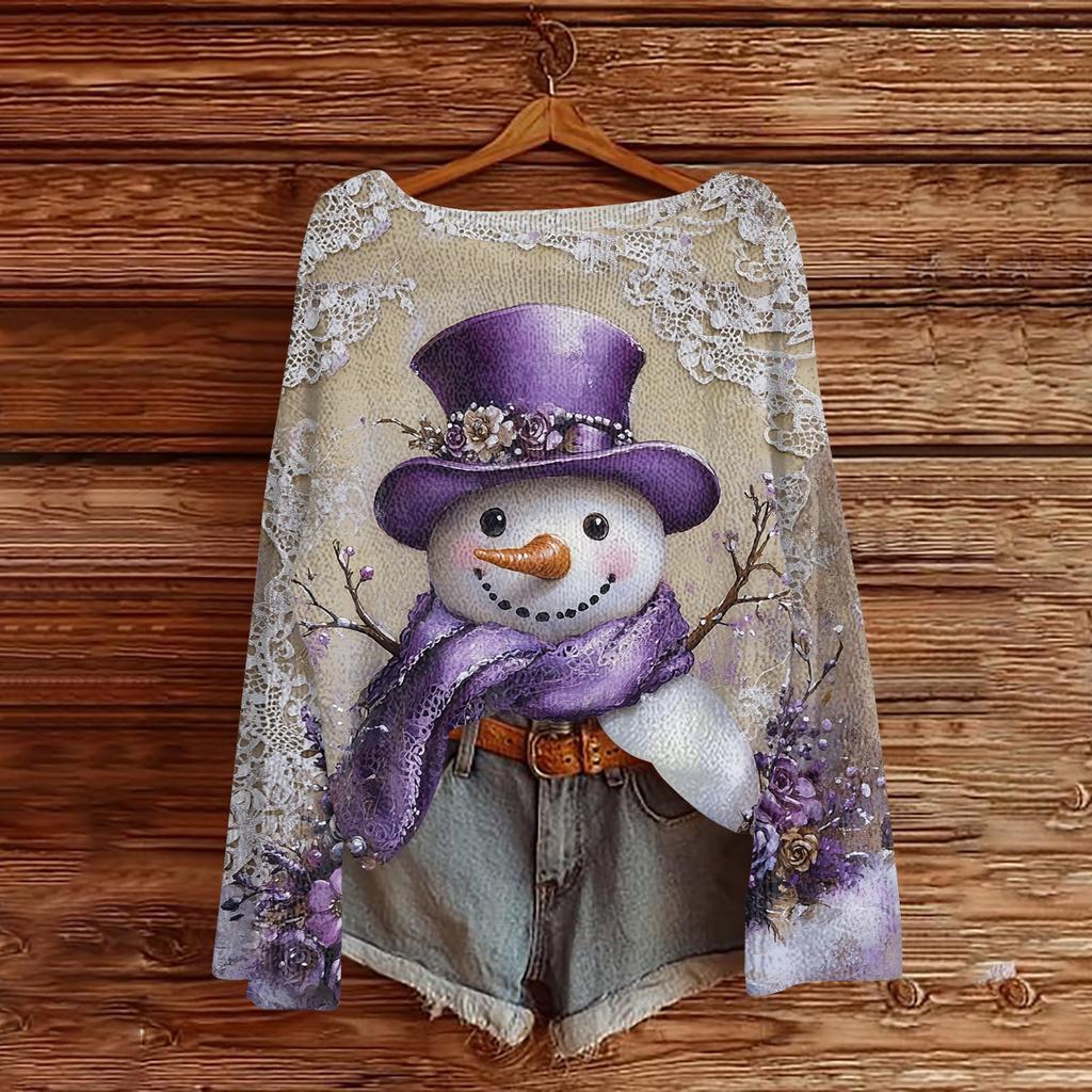 Women's Fashion Christmas Print Lightweight Sweater Casual Long-Sleeve Knit Pullover Top