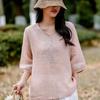 Light Yellow V Neck Embroidered Three Quarter Sleeve Linen Blend Blouse for Women