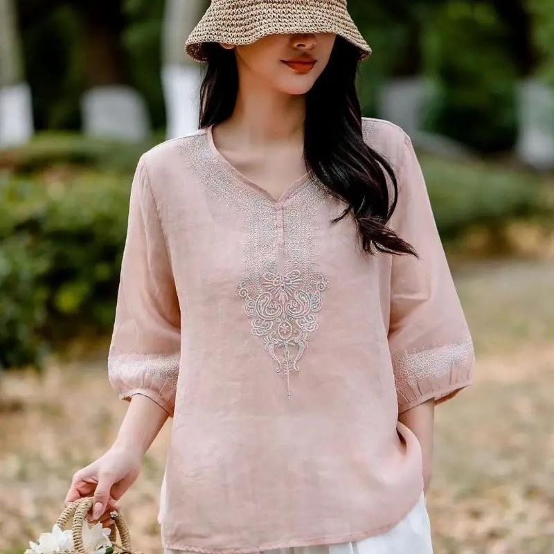 Light Yellow V Neck Embroidered Three Quarter Sleeve Linen Blend Blouse for Women