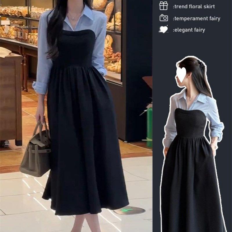 Large size early autumn new women's clothing fake two-piece shirt black long-sleeved dress, high-end matching, a complete set