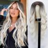 Peluca Larga Ondulada Ombré Rubio Platino Cabello Sintético Mujer Raya Media Rizo