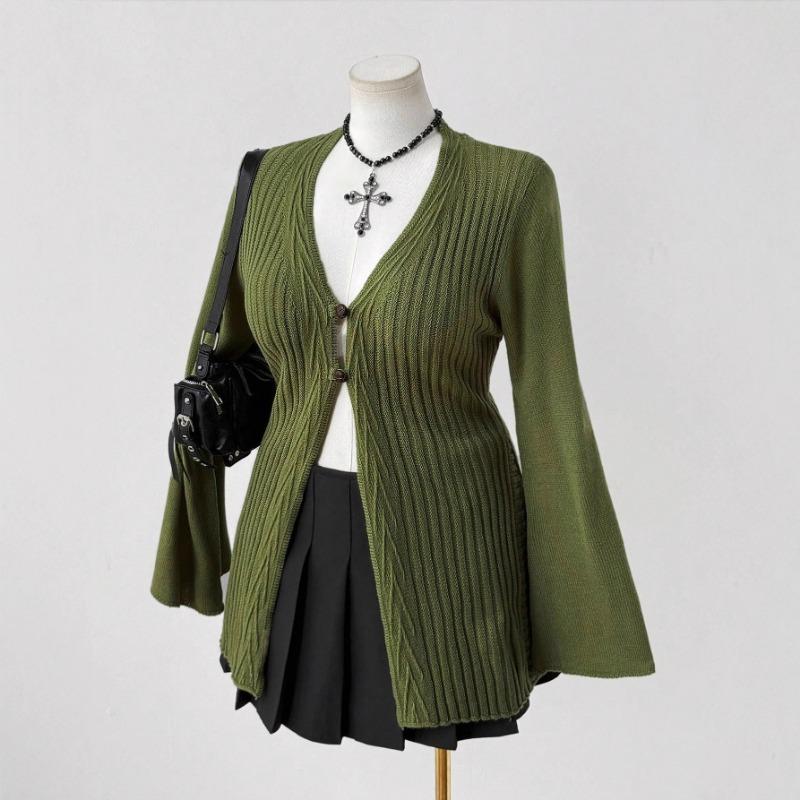 A New Knitted Sweater with Deep V, Slimming and Form-fitting Flared Sleeves and Button Cardigan