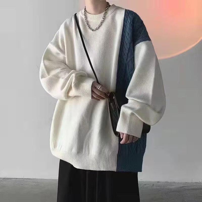 

Long-sleeved Sweater Men s Crew Neck Autumn and Winter Trendy Brand Loose and Lazy Color Matching Twist Splicing Knitted Sweater Design Jacket M белый