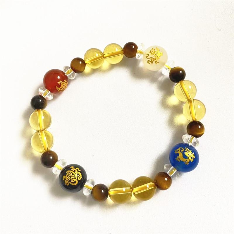 White Crystal Four Great Beasts Natural Citrine Tiger s Eye Stone Bracelet Men s and Women s Snake Natal Year Bracelet Four mythical beasts bracelet